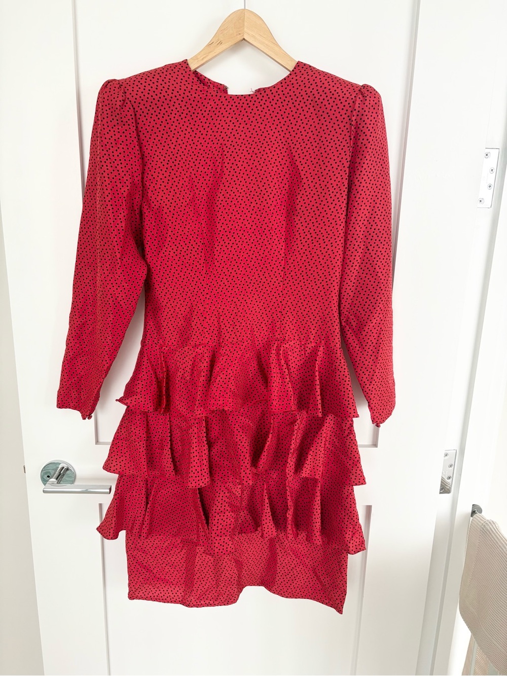 Vintage Bonneo New York Red Black Polka Dot 100% Silk Tiered Ruffle Dress - 10
